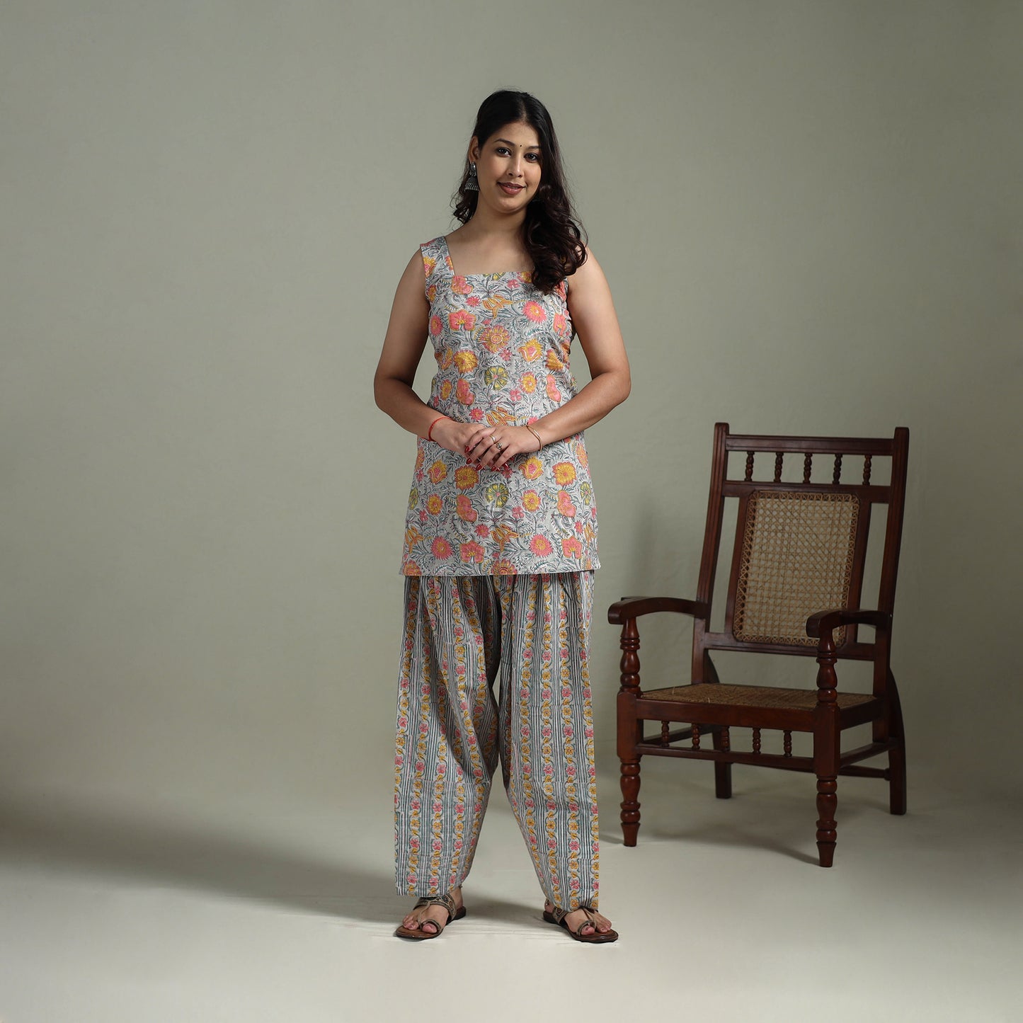 Sanganeri Hand Block Print Cotton Short Kurta with Farshi Salwar Set for women 06