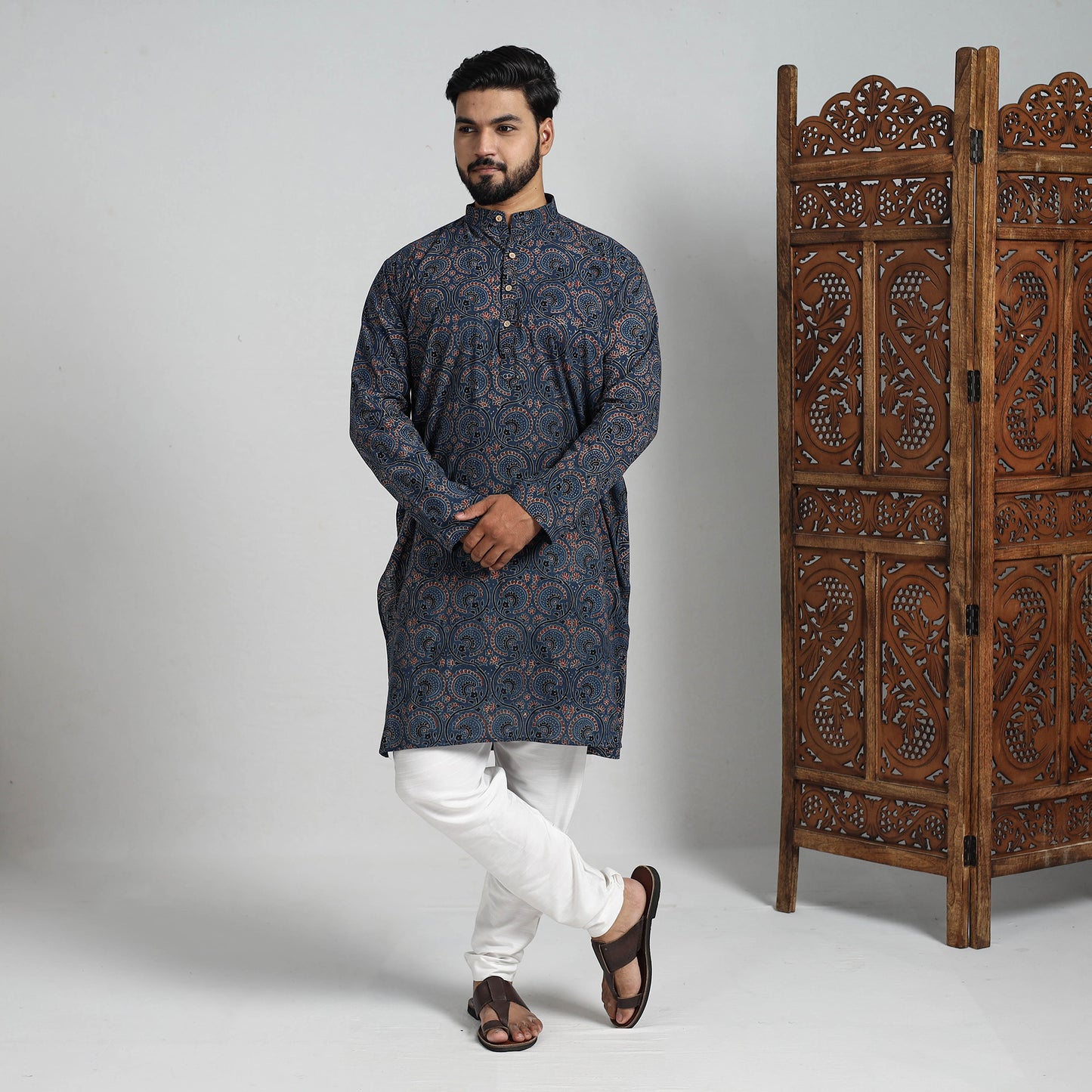 Buy Ajrakh Block Printed Cotton Men Long Kurta 19 Online at iTokri.com