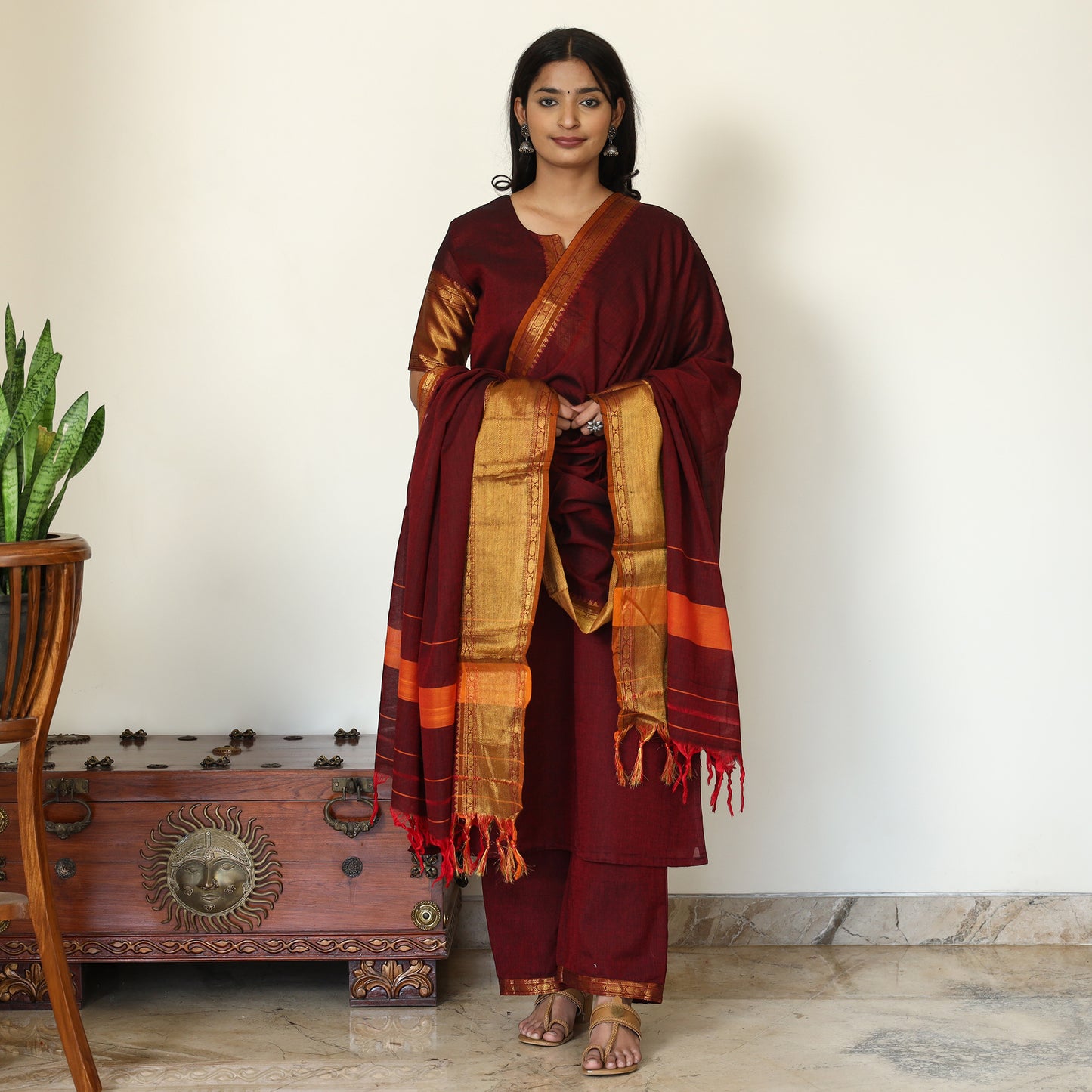 Maroon - Dharwad Cotton Kurta with Palazzo & Dupatta Set 22