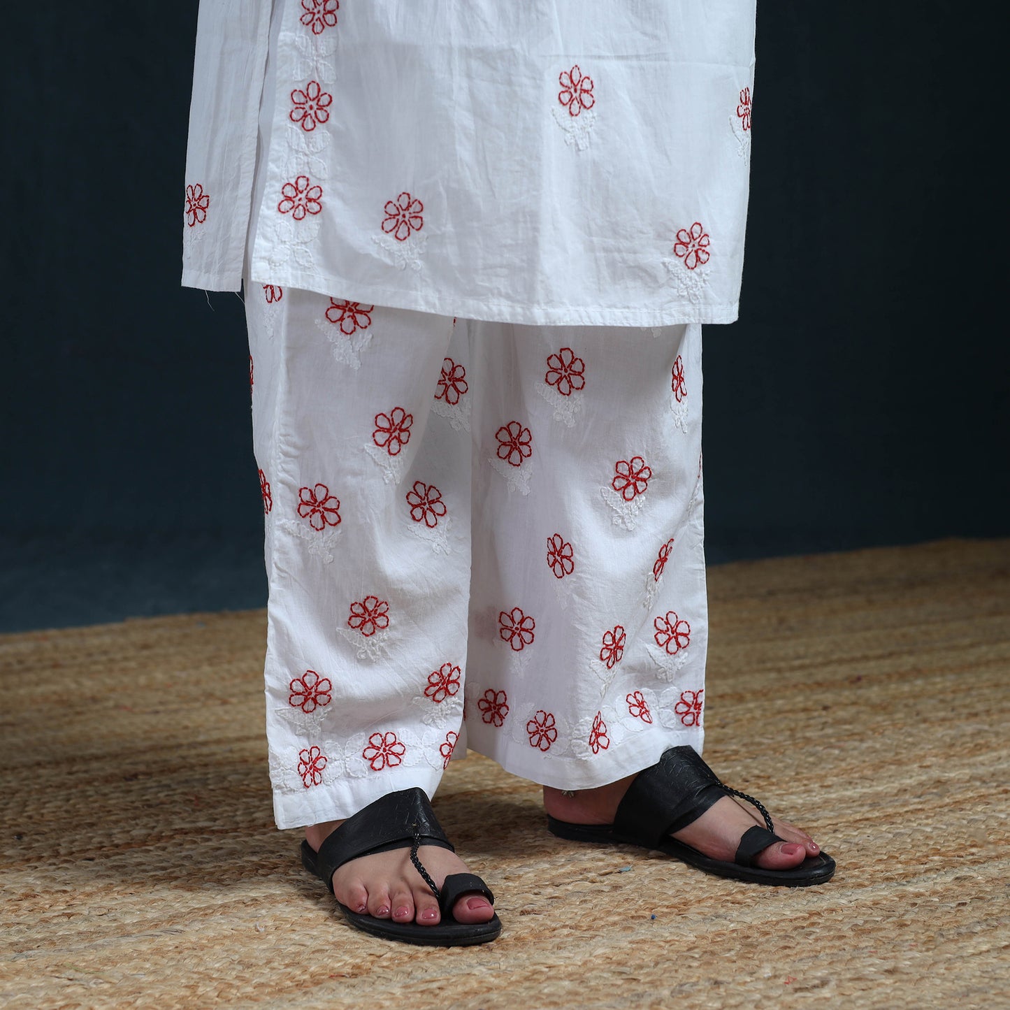 White - Hand Embroidered Mul Cotton Chikankari Kurta with Palazzo Set for Women 34