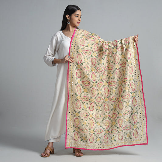 Beige - Ranihati Chanderi Silk Chapa Work Phulkari Embroidered Dupatta 06