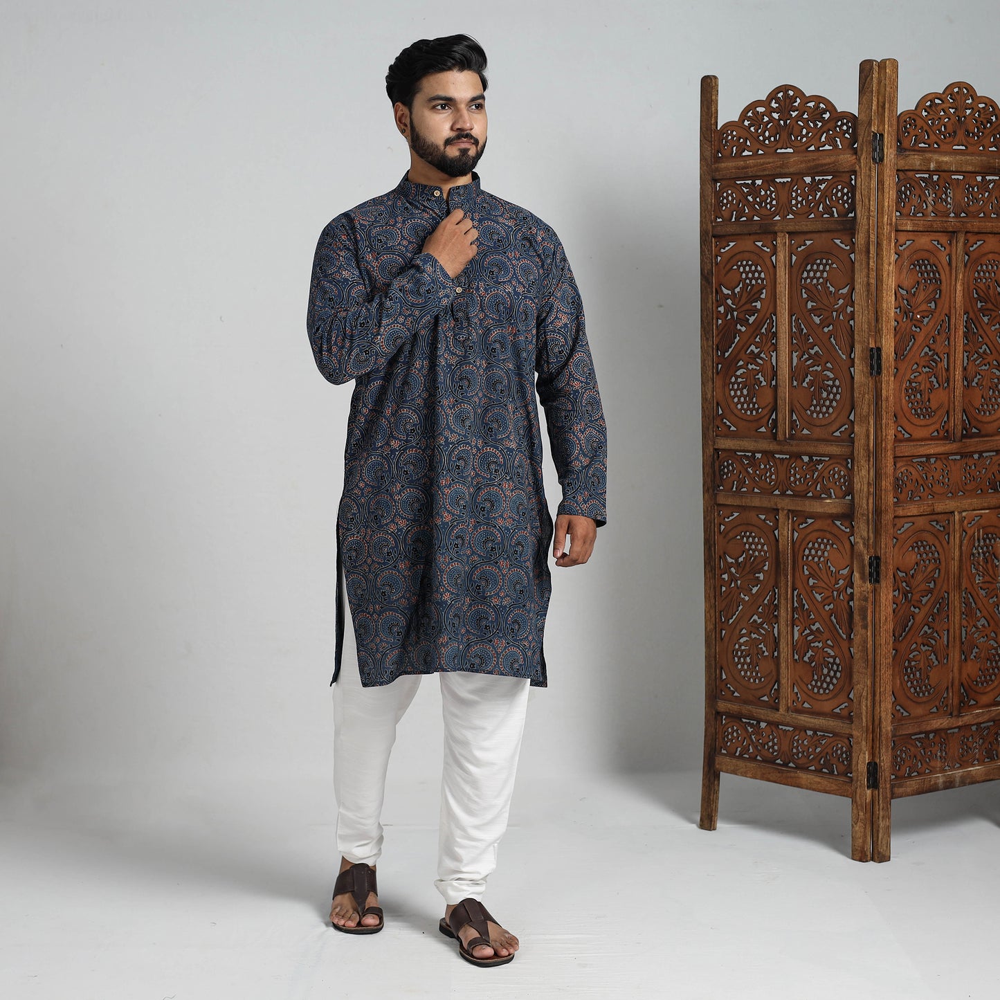 Buy Ajrakh Block Printed Cotton Men Long Kurta 19 Online at iTokri.com