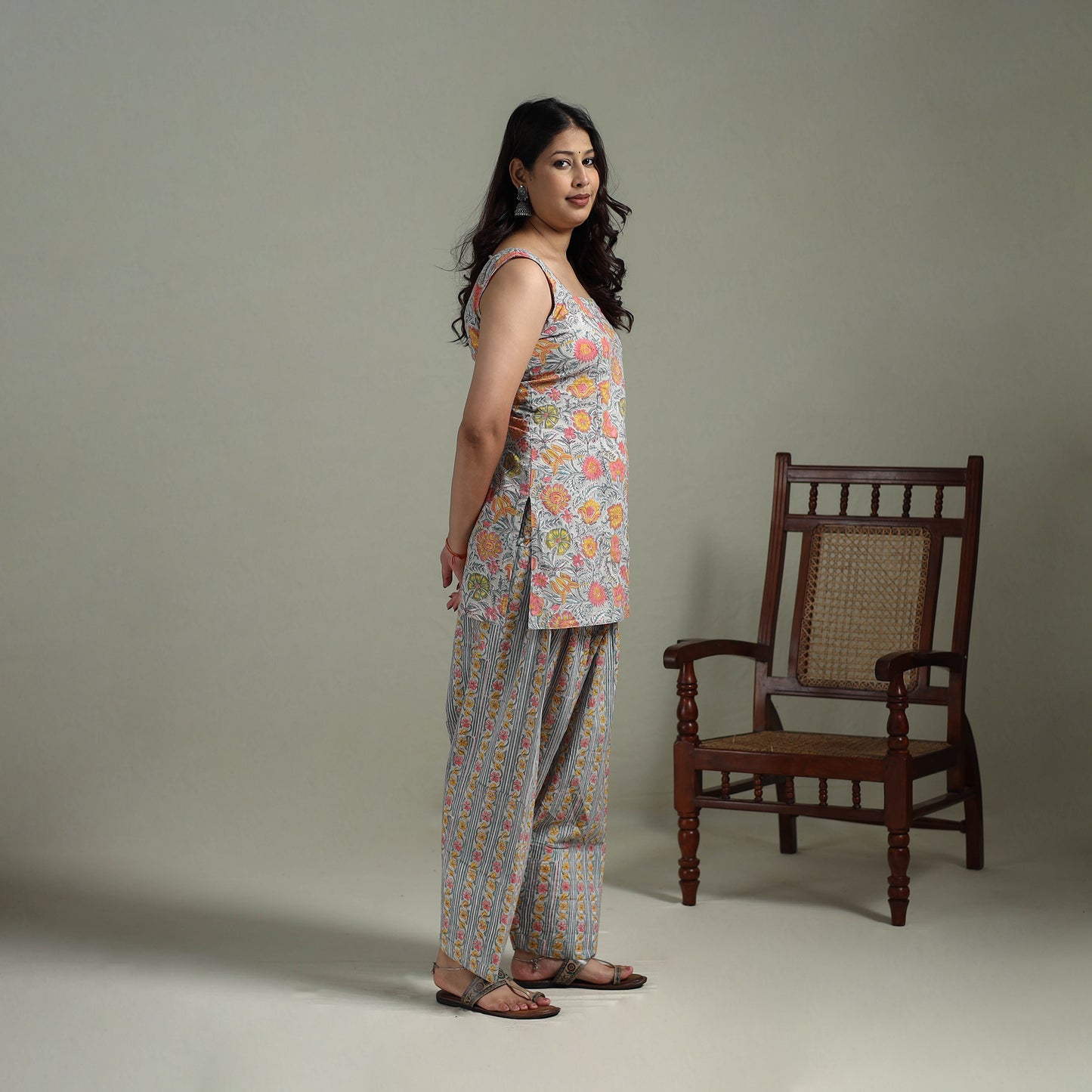 Sanganeri Hand Block Print Cotton Short Kurta with Farshi Salwar Set for women 06