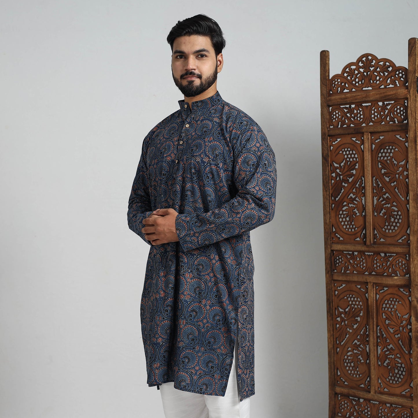 Buy Ajrakh Block Printed Cotton Men Long Kurta 19 Online at iTokri.com
