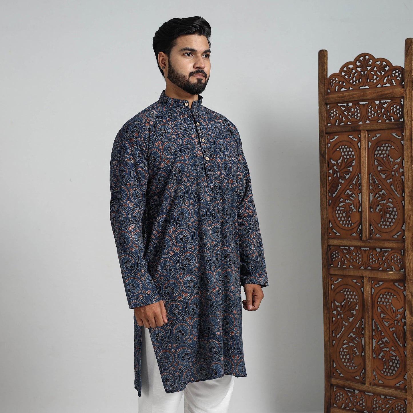 Buy Ajrakh Block Printed Cotton Men Long Kurta 19 Online at iTokri.com