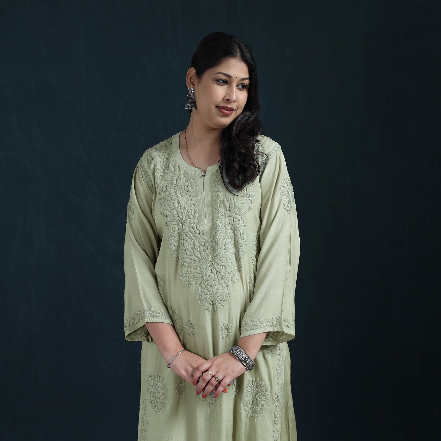 Green - Hand Embroidered Muslin Chikankari Kurta with Pant Set for Women 26