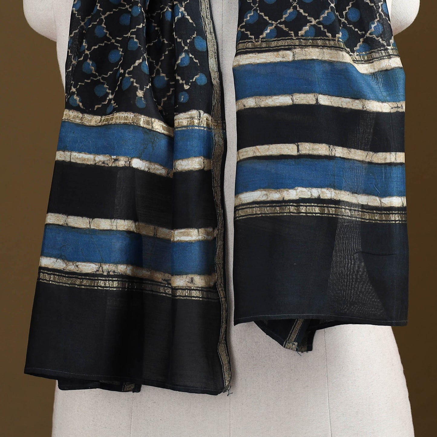 Black - Pipad Hand Block Print Natural Dyed Chanderi Silk Handloom Stole 02