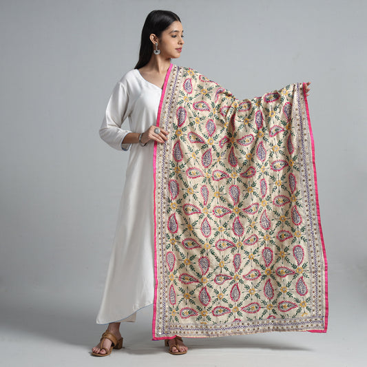 Beige - Ranihati Chanderi Silk Chapa Work Phulkari Embroidered Dupatta 07