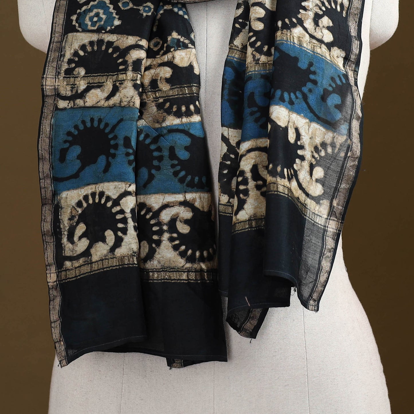 Black - Pipad Hand Block Print Natural Dyed Chanderi Silk Handloom Stole 04