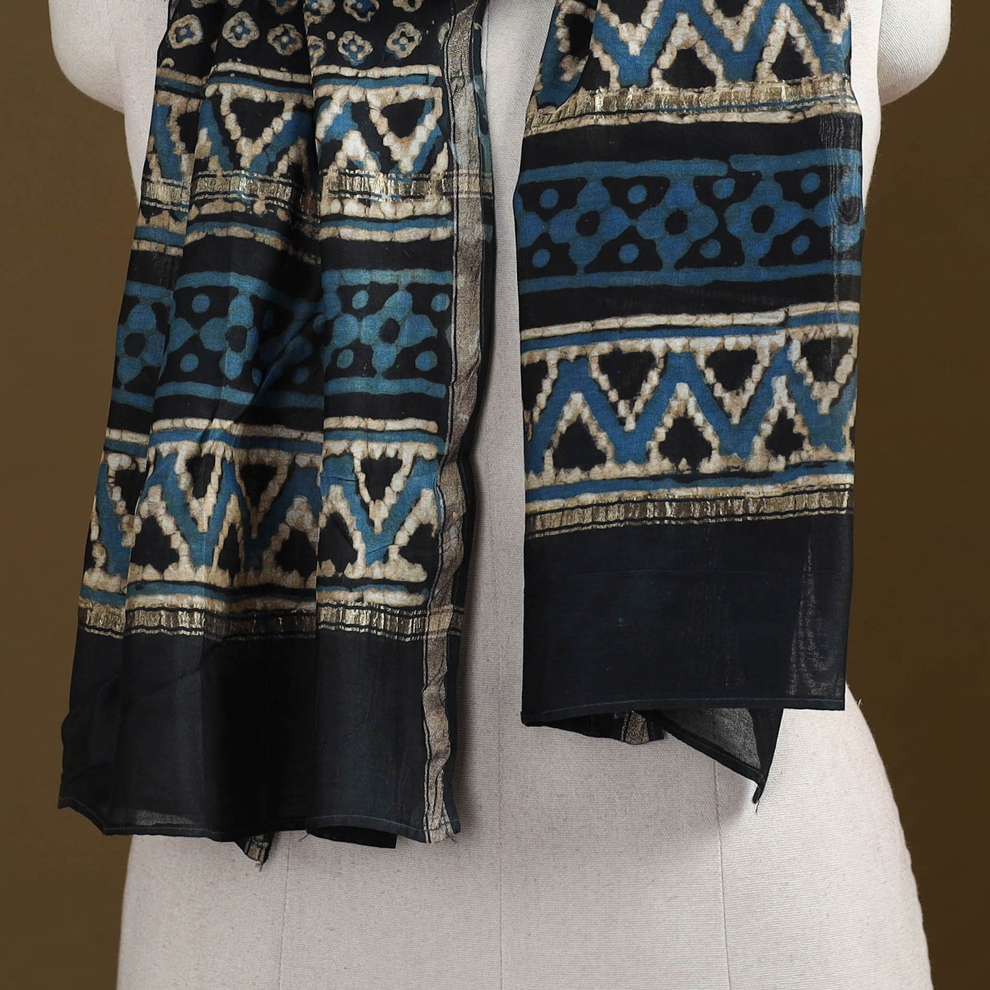 Black - Pipad Hand Block Print Natural Dyed Chanderi Silk Handloom Stole 05