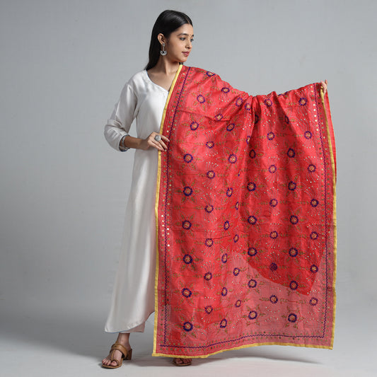 Red - Ranihati Chanderi Silk Chapa Work Phulkari Embroidered Dupatta 08