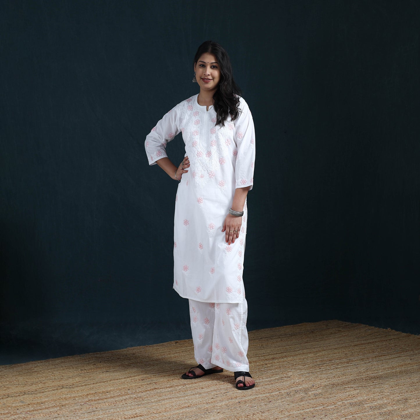 White - Hand Embroidered Mul Cotton Chikankari Kurta with Palazzo Set for Women 33