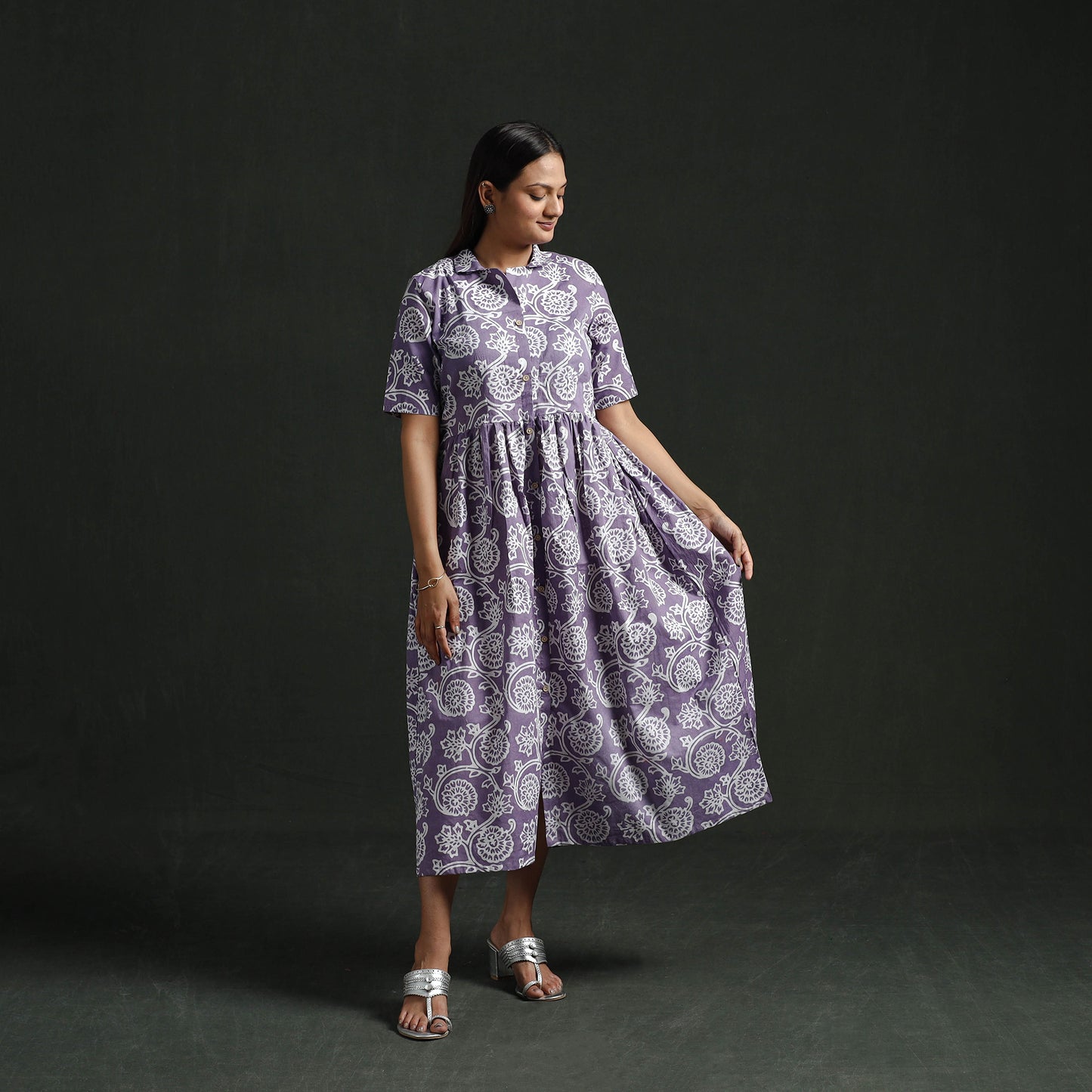 Collared Neck Buttoned Down Flared Cotton Hand Block Batik Print Dress 04