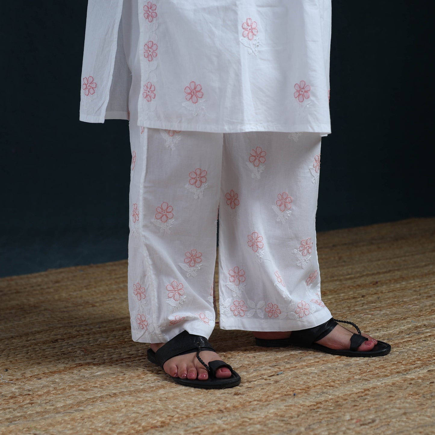 White - Hand Embroidered Mul Cotton Chikankari Kurta with Palazzo Set for Women 33