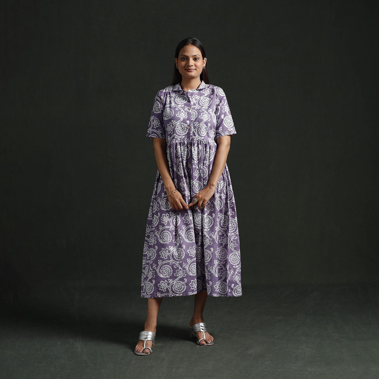 Collared Neck Buttoned Down Flared Cotton Hand Block Batik Print Dress 04