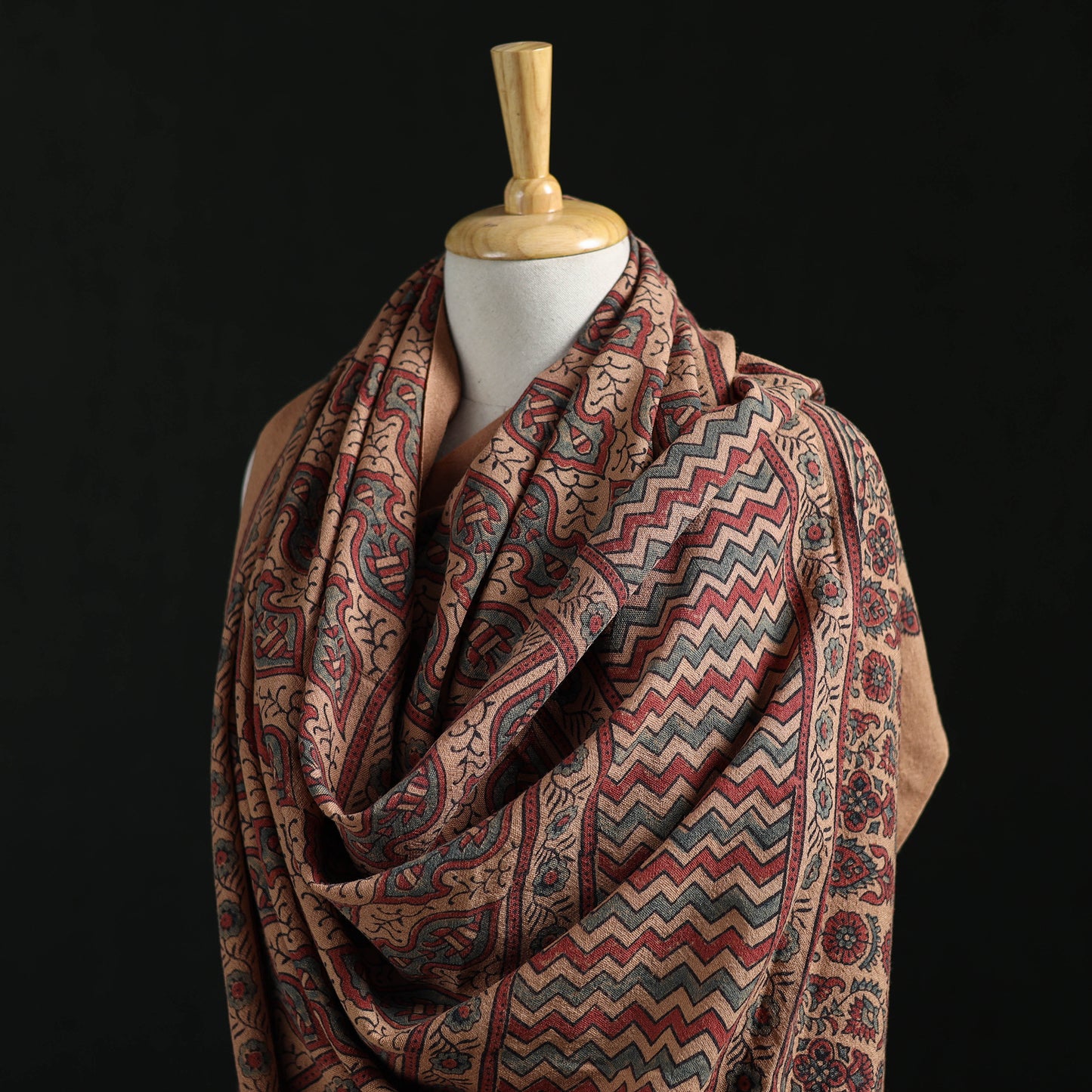 Ajrakh Hand Block Print Natural Dyed Handwoven Acrylic Wool Shawl 02