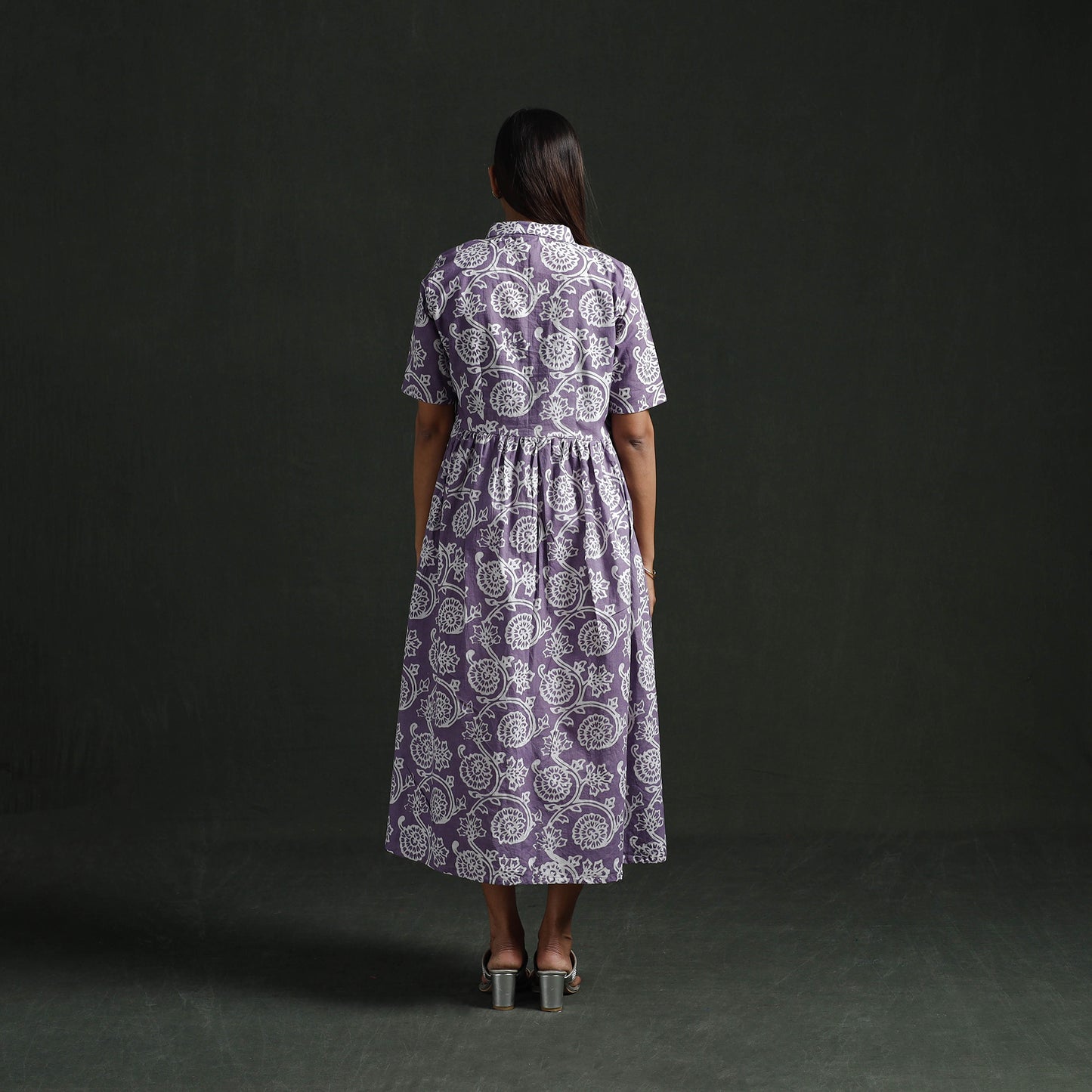 Collared Neck Buttoned Down Flared Cotton Hand Block Batik Print Dress 04