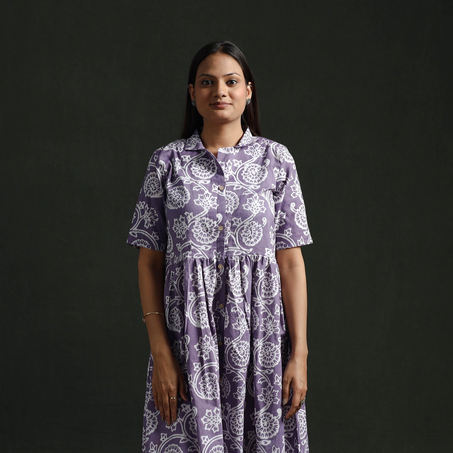 Collared Neck Buttoned Down Flared Cotton Hand Block Batik Print Dress 04