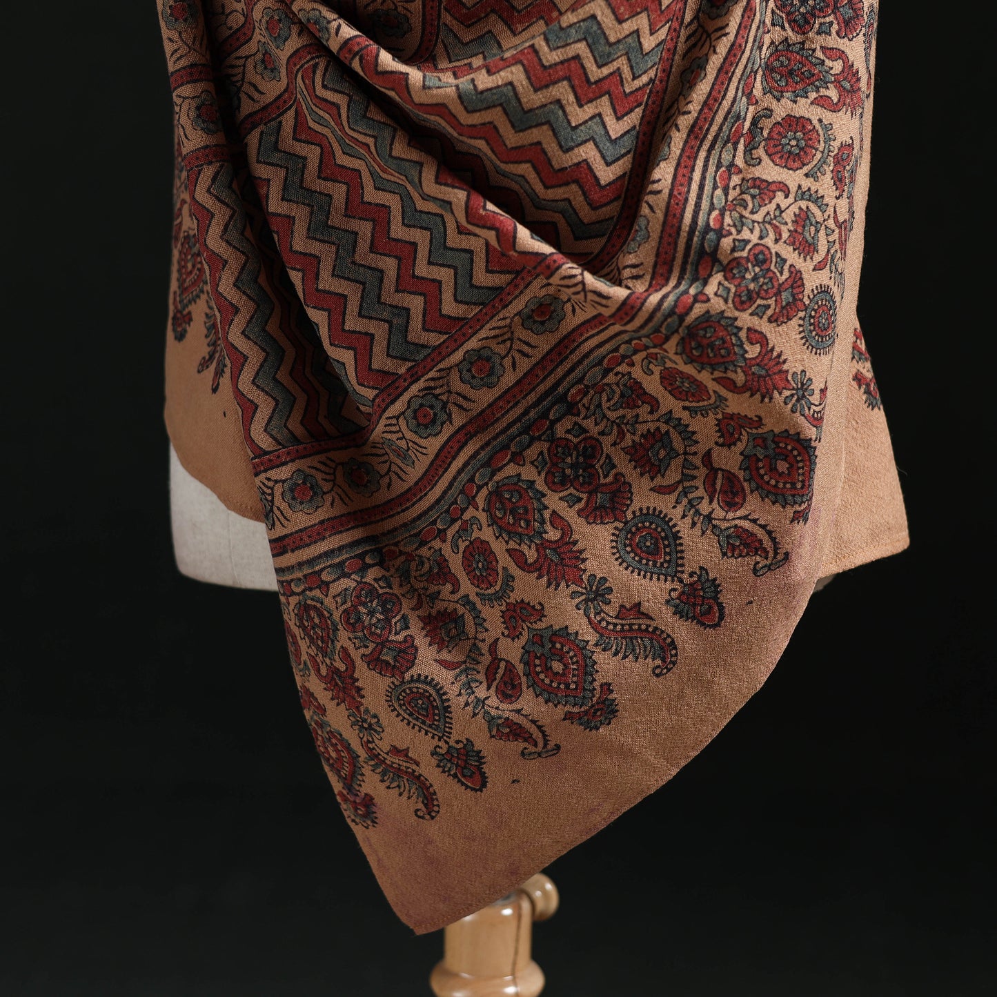 Ajrakh Hand Block Print Natural Dyed Handwoven Acrylic Wool Shawl 02
