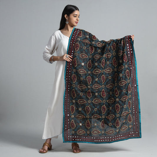 Black - Ranihati Chanderi Silk Chapa Work Phulkari Embroidered Dupatta 10
