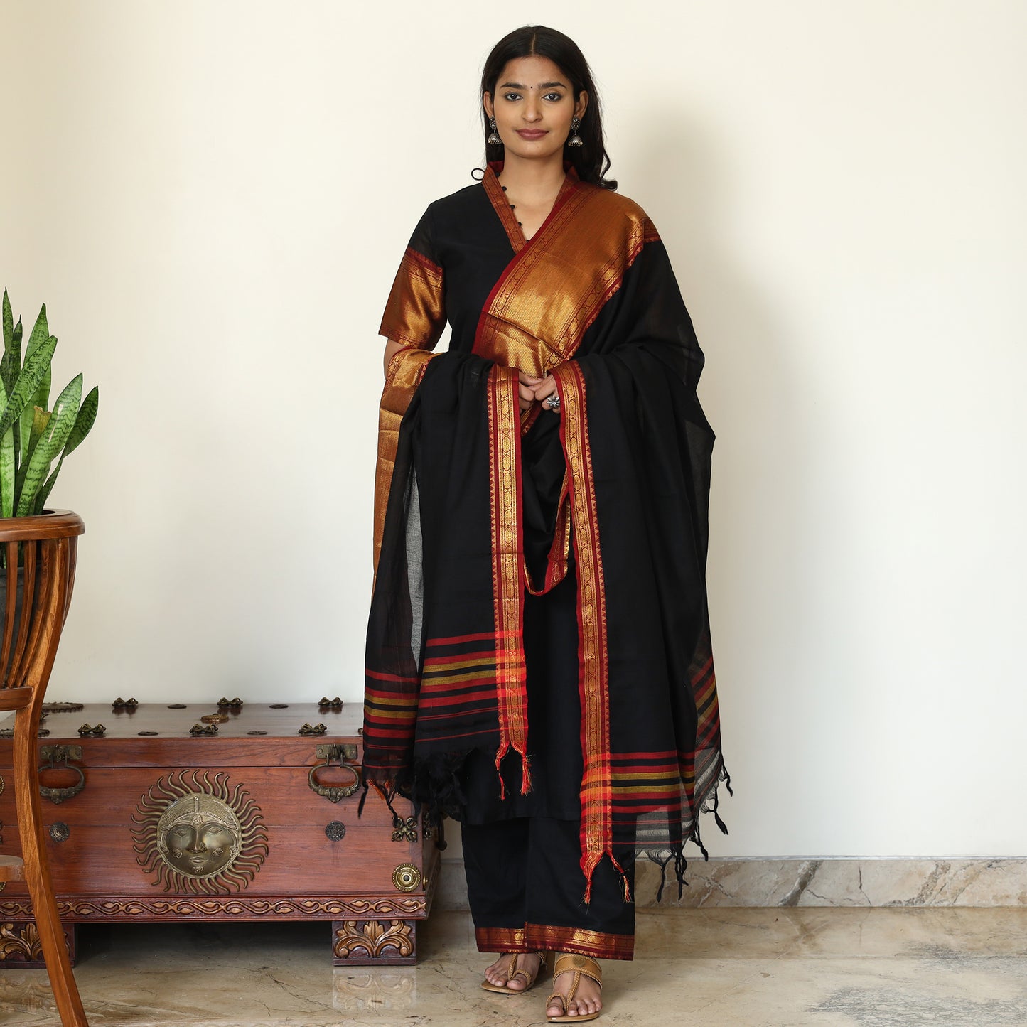 Black - Dharwad Cotton Kurta with Palazzo & Dupatta Set 21