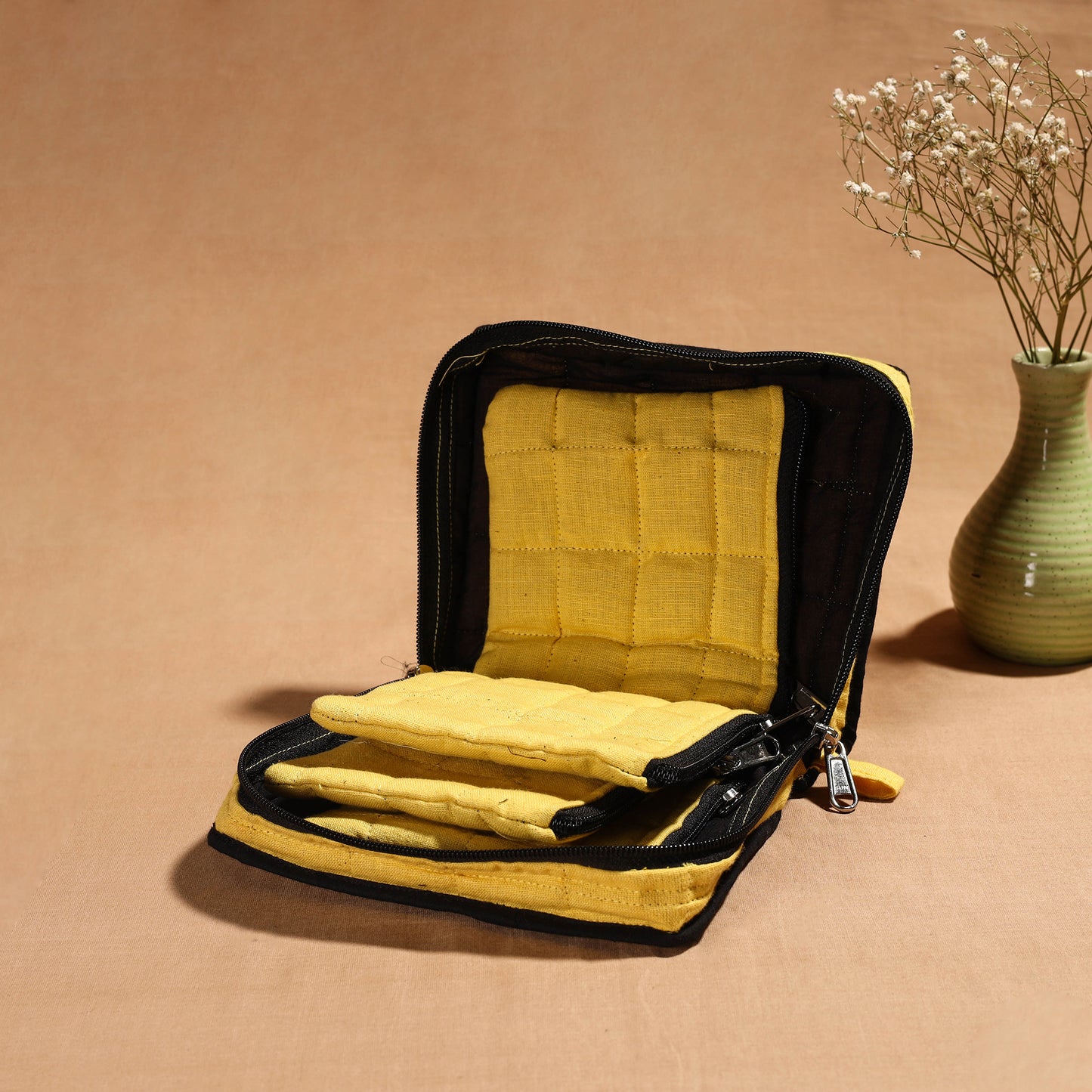 Yellow Handmade 4 Pockets Cotton Jewellery Bag