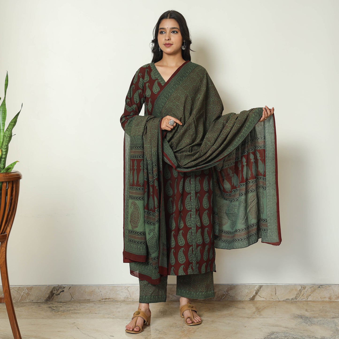 Red - Bagh Block Printed Cotton Kurta with Palazzo & Dupatta Set 02