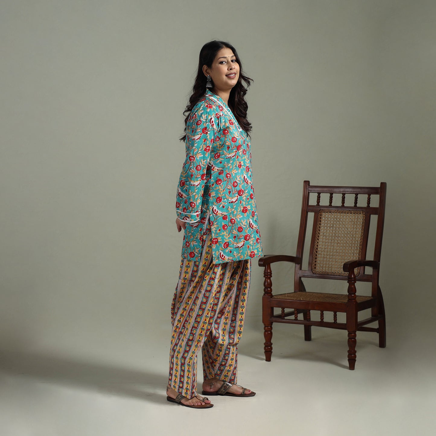 Sanganeri Hand Block Print Cotton Lace Work Short Kurta with Farshi Salwar Set for women 03