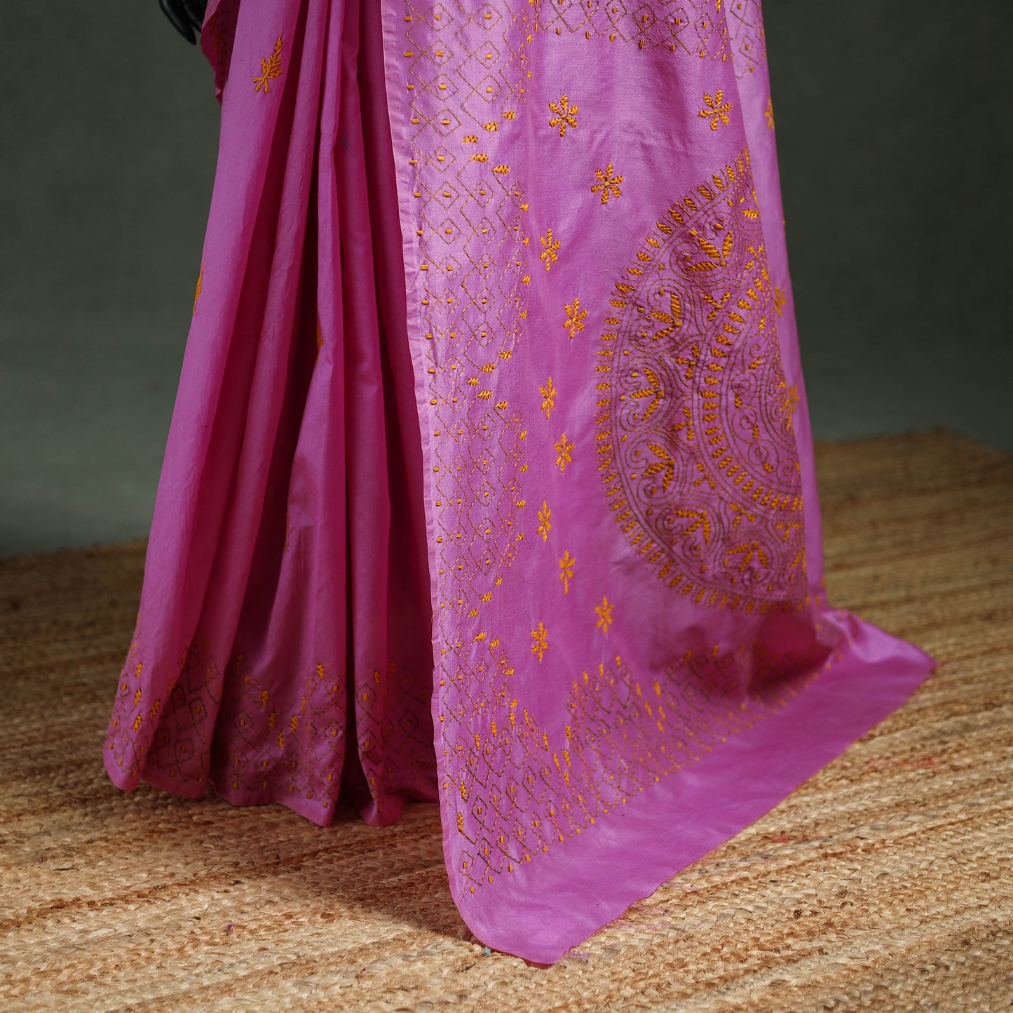 Purple - Bengal Nakshi Kantha Hand Embroidered Silk Saree 51