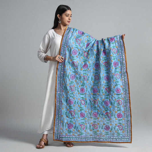Blue - Ranihati Chanderi Silk Chapa Work Phulkari Embroidered Dupatta 11