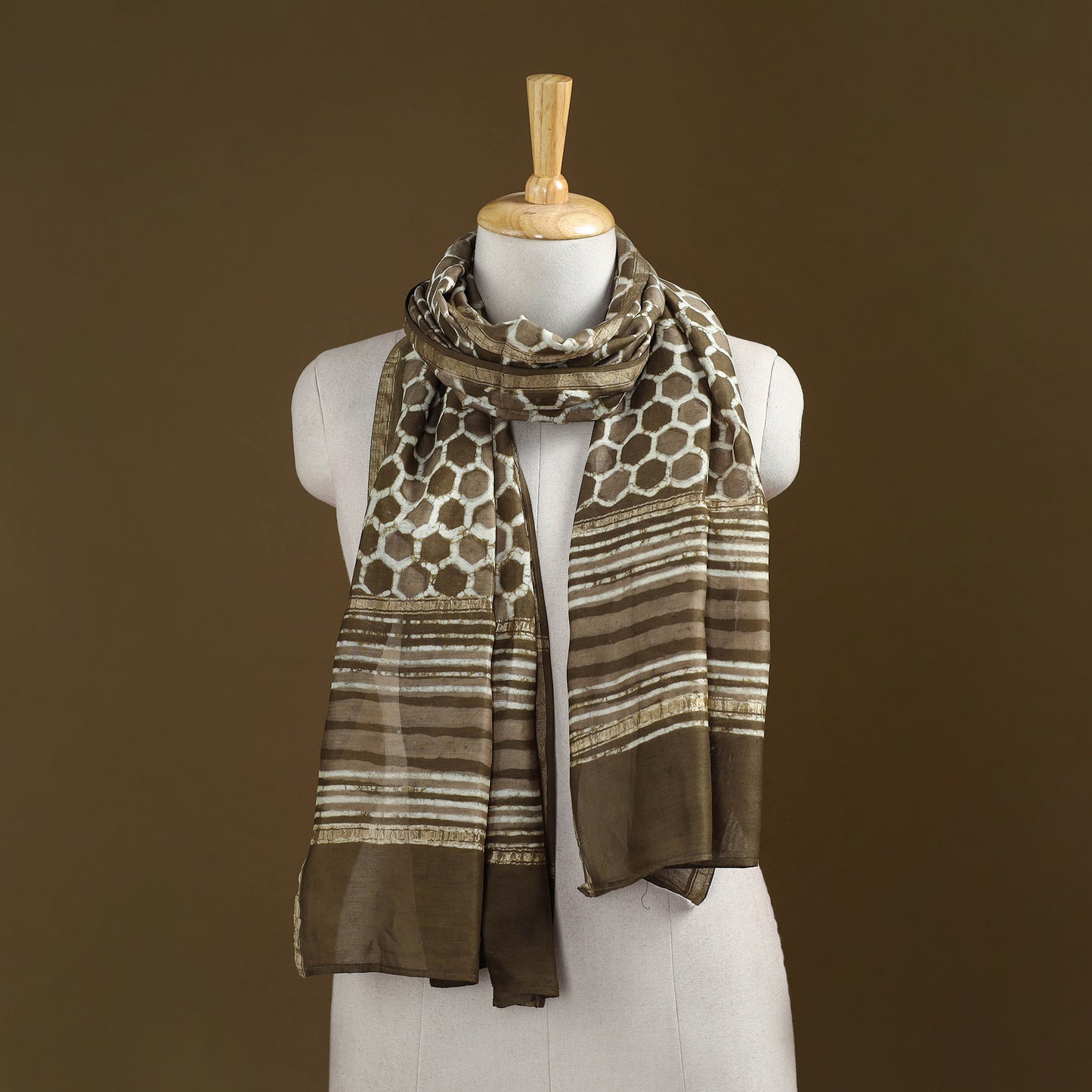 Brown - Pipad Hand Block Print Natural Dyed Chanderi Silk Handloom Stole 17