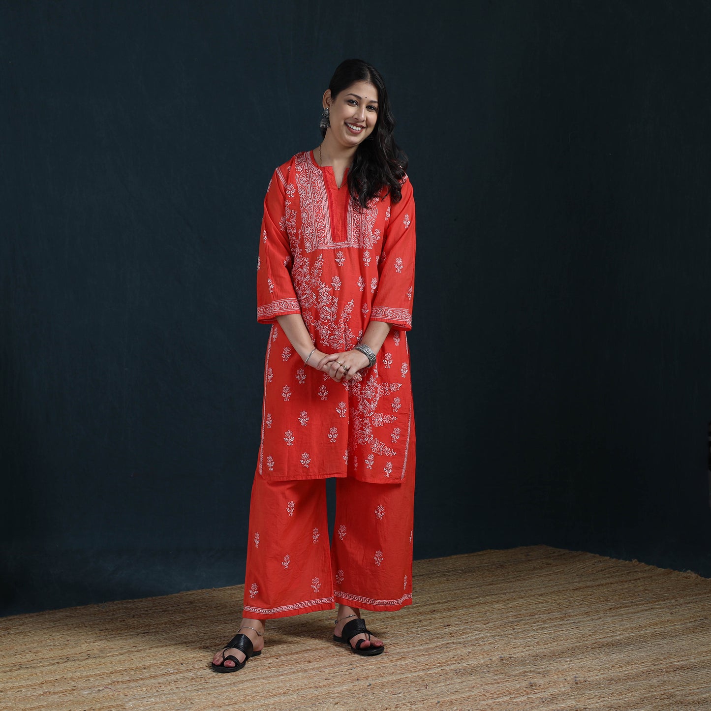 Red - Hand Embroidered Mul Chanderi Chikankari Kurta with Palazzo Set for Women 20