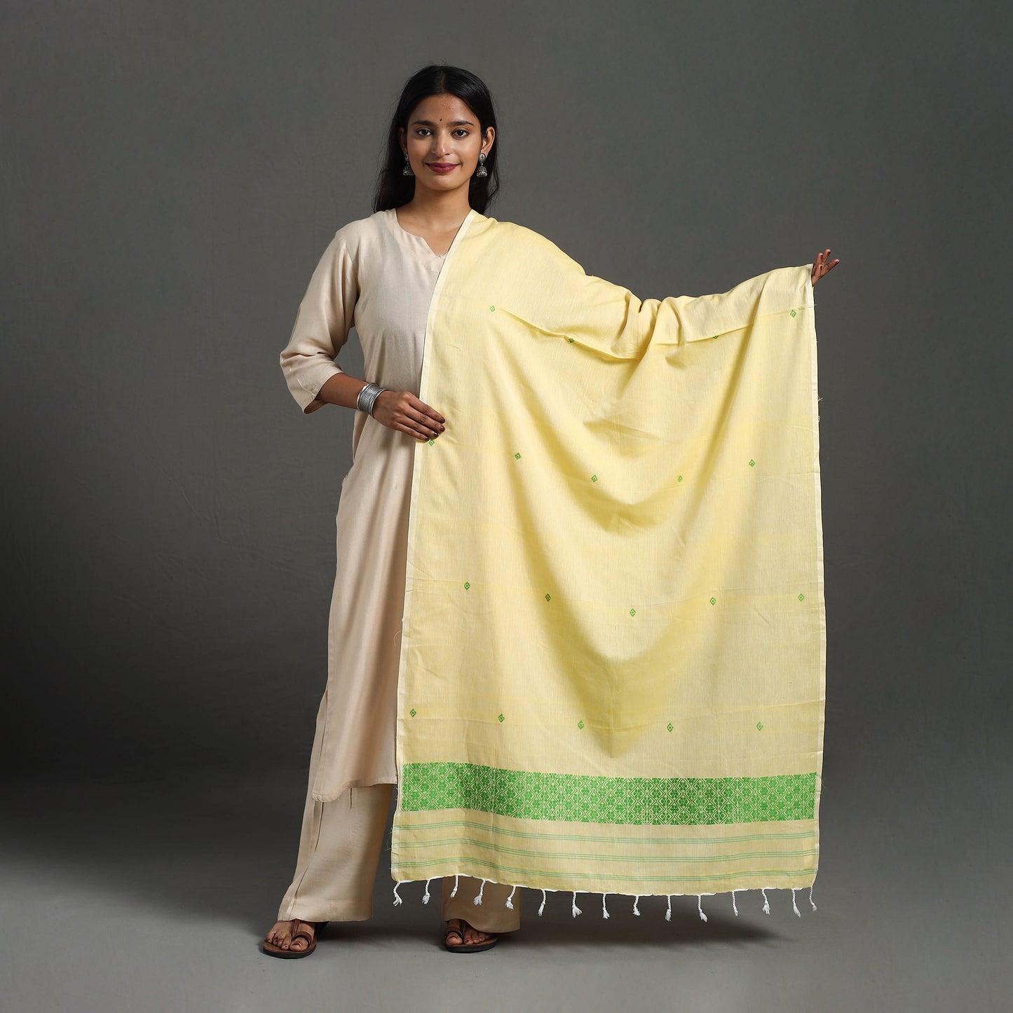Yellow - assam weave thread buti cotton handloom dupatta 19