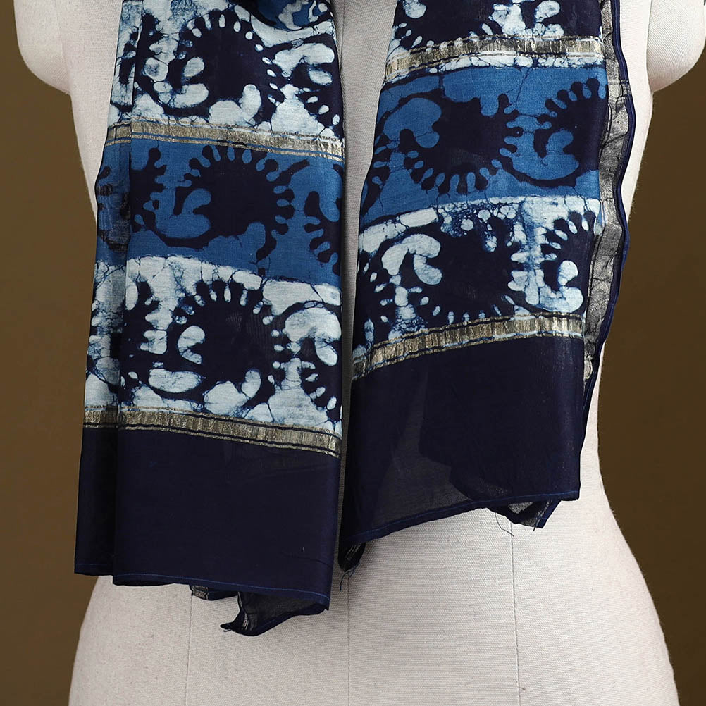 Blue - Pipad Hand Block Print Natural Dyed Chanderi Silk Handloom Stole 20