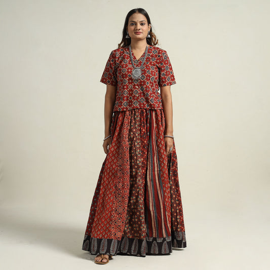 Red - Ajrakh Block Printed 24 Kali Patchwork Cotton Long Skirt 24