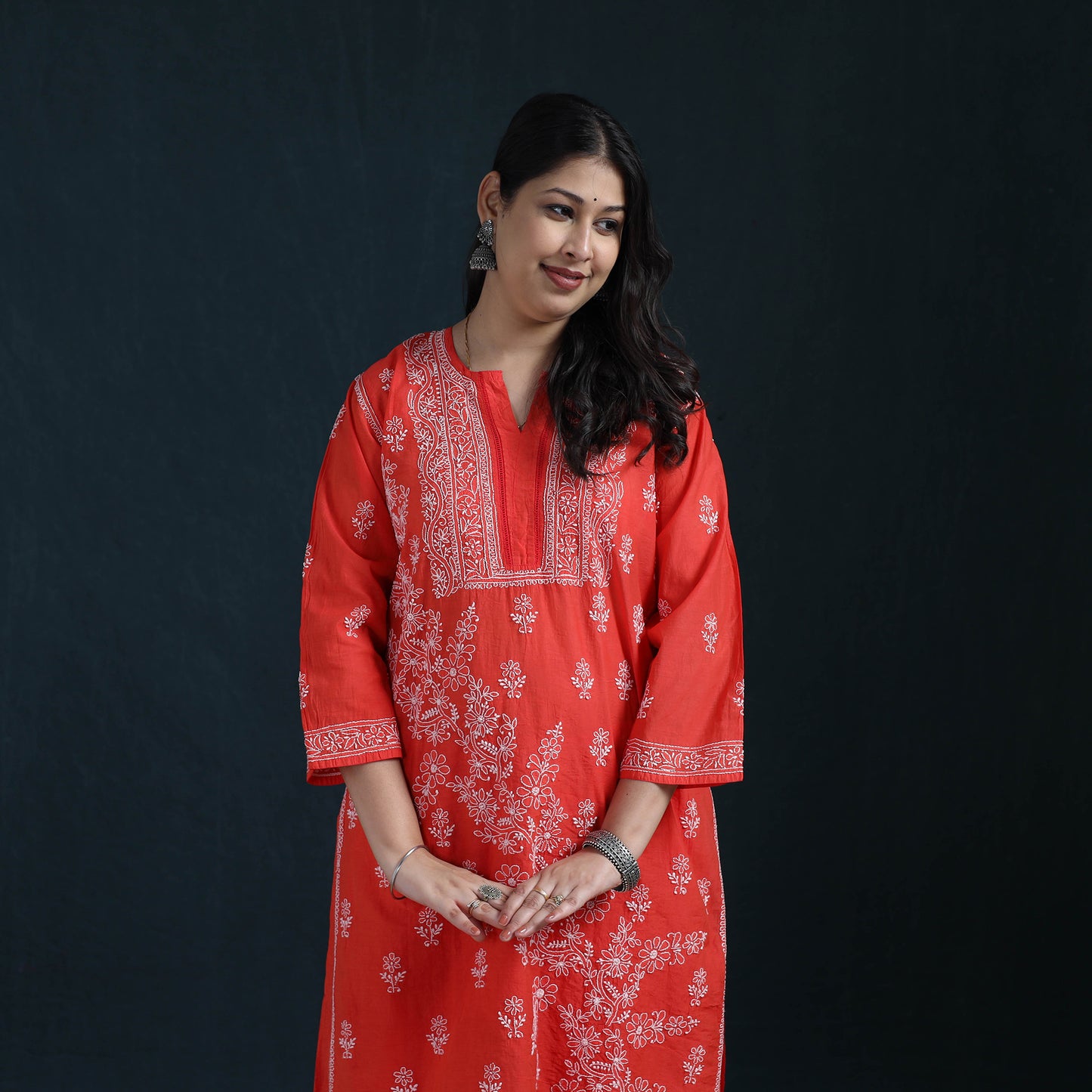 Red - Hand Embroidered Mul Chanderi Chikankari Kurta with Palazzo Set for Women 20