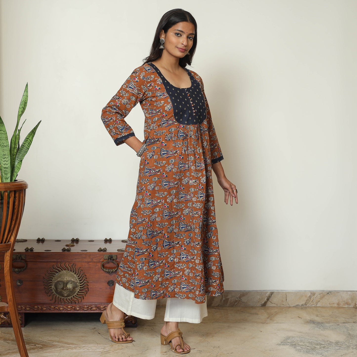 Brown - Kalamkari Printed Cotton A-Line Long Kurta with Patchwork 67