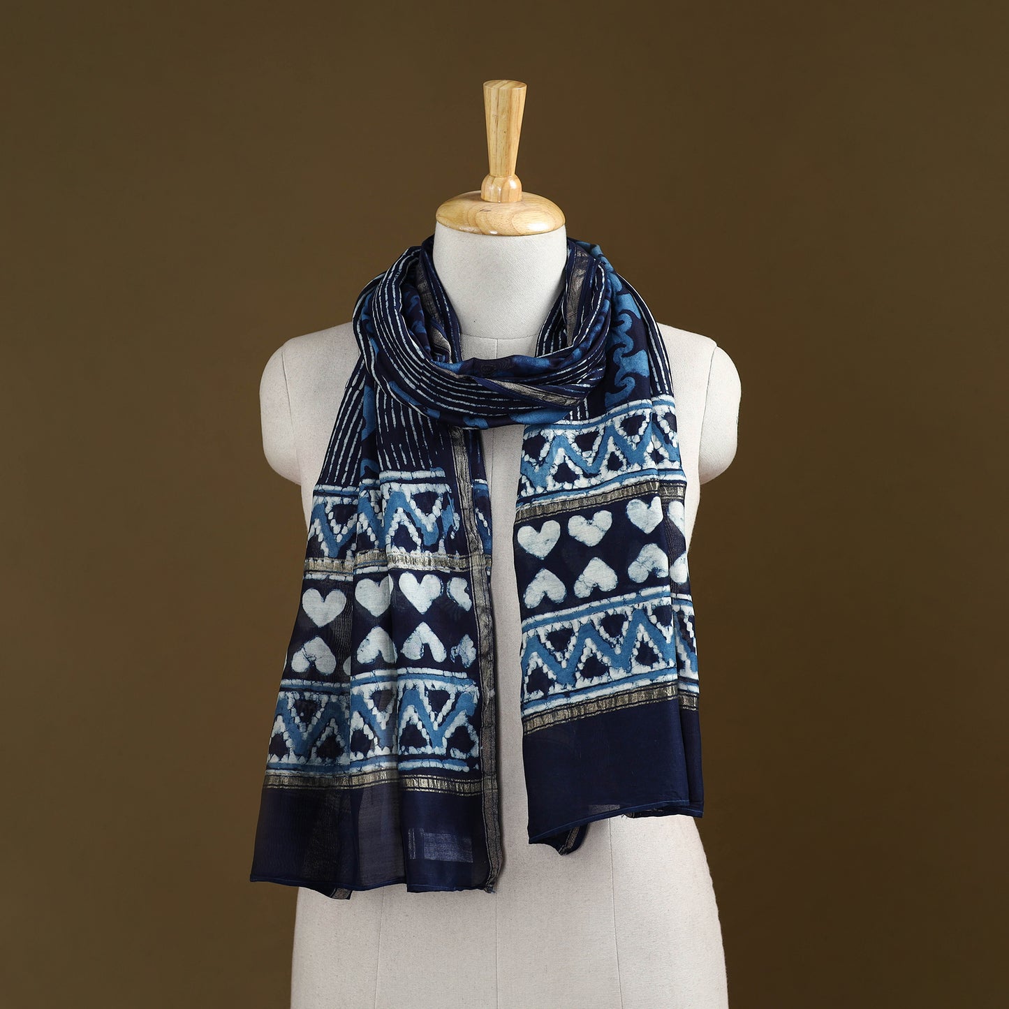 Blue - Pipad Hand Block Print Natural Dyed Chanderi Silk Handloom Stole 21