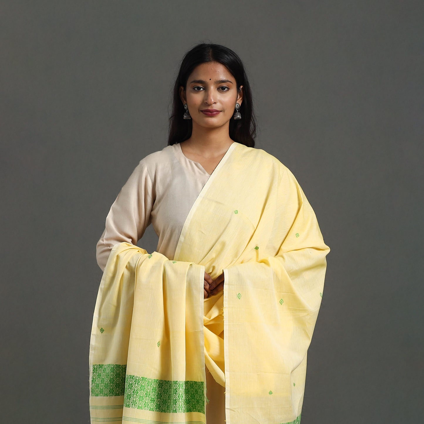 Yellow - assam weave thread buti cotton handloom dupatta 19