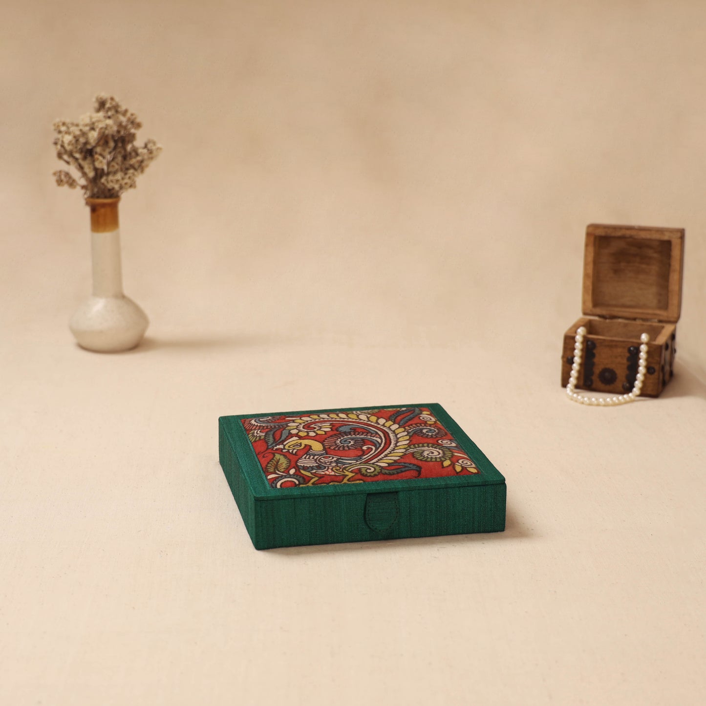 Green - Handpainted Kalamkari Natural Dyed Ghicha Silk Jewellery Box 24