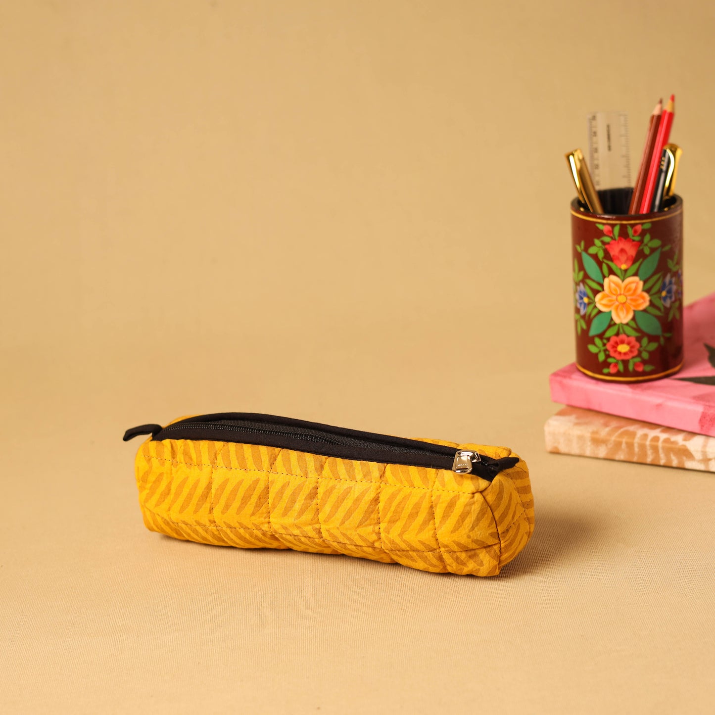Yellow - handmade cotton quilted pencil pouch 17