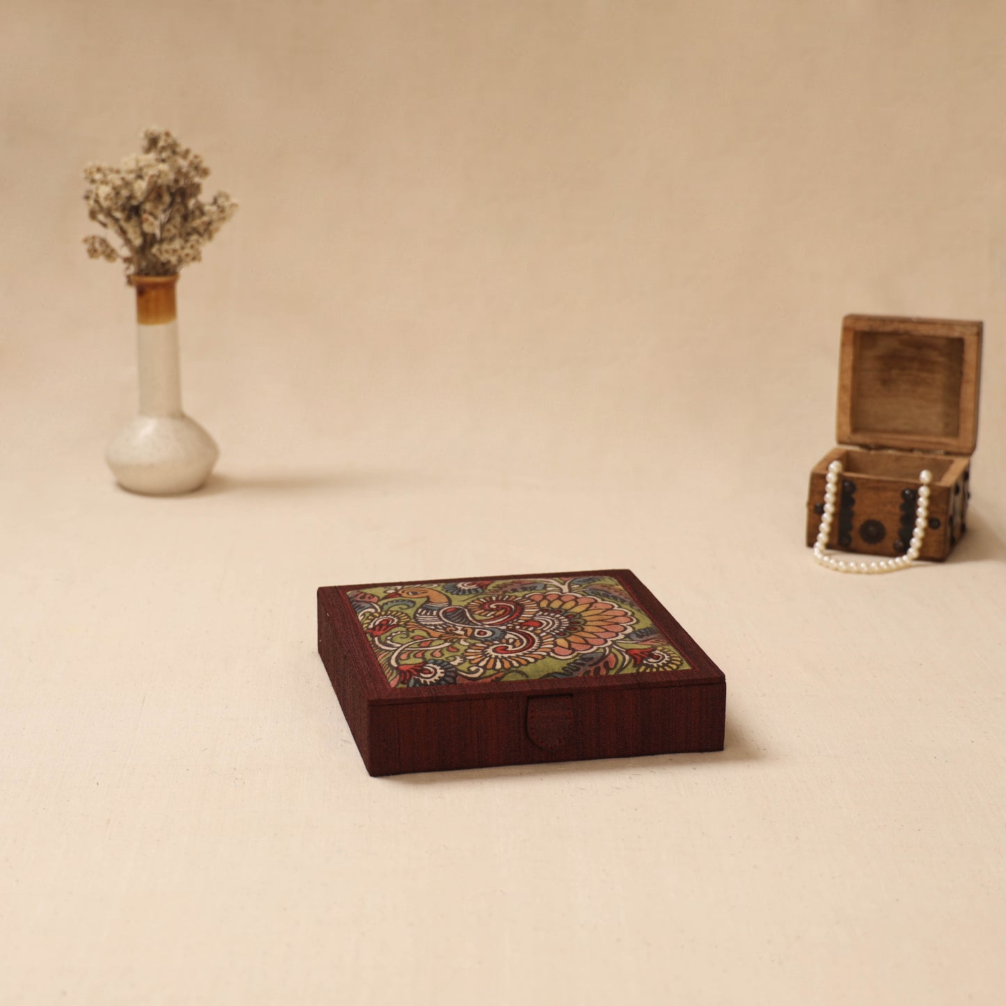 Maroon - Handpainted Kalamkari Natural Dyed Ghicha Silk Jewellery Box 26