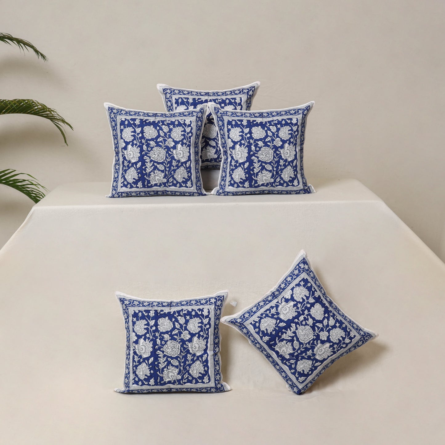 Blue - Block Print Sanganeri Floral Cushion Cover (Set of 5) 02