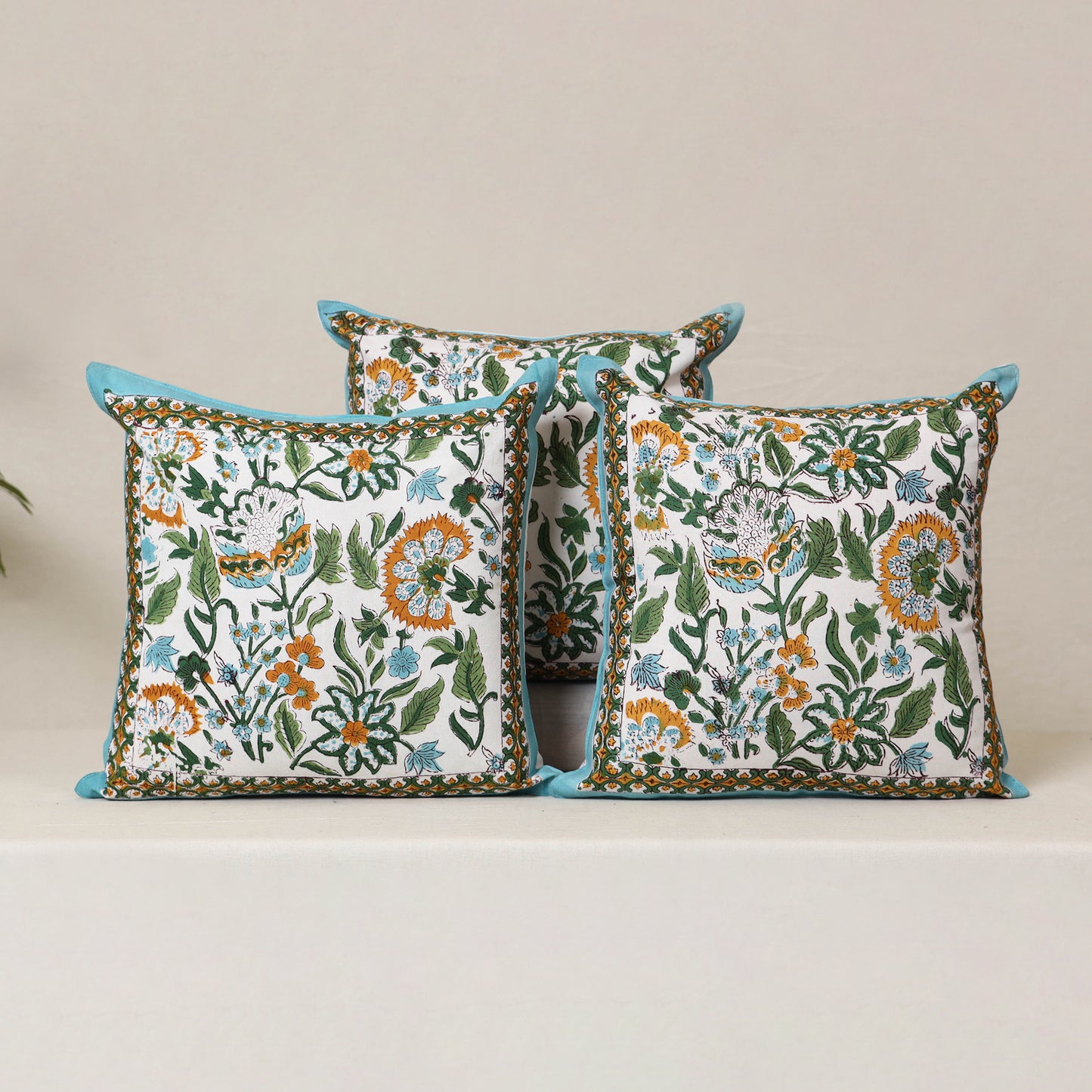 Blue - Block Print Sanganeri Floral Cushion Cover (Set of 5) 03