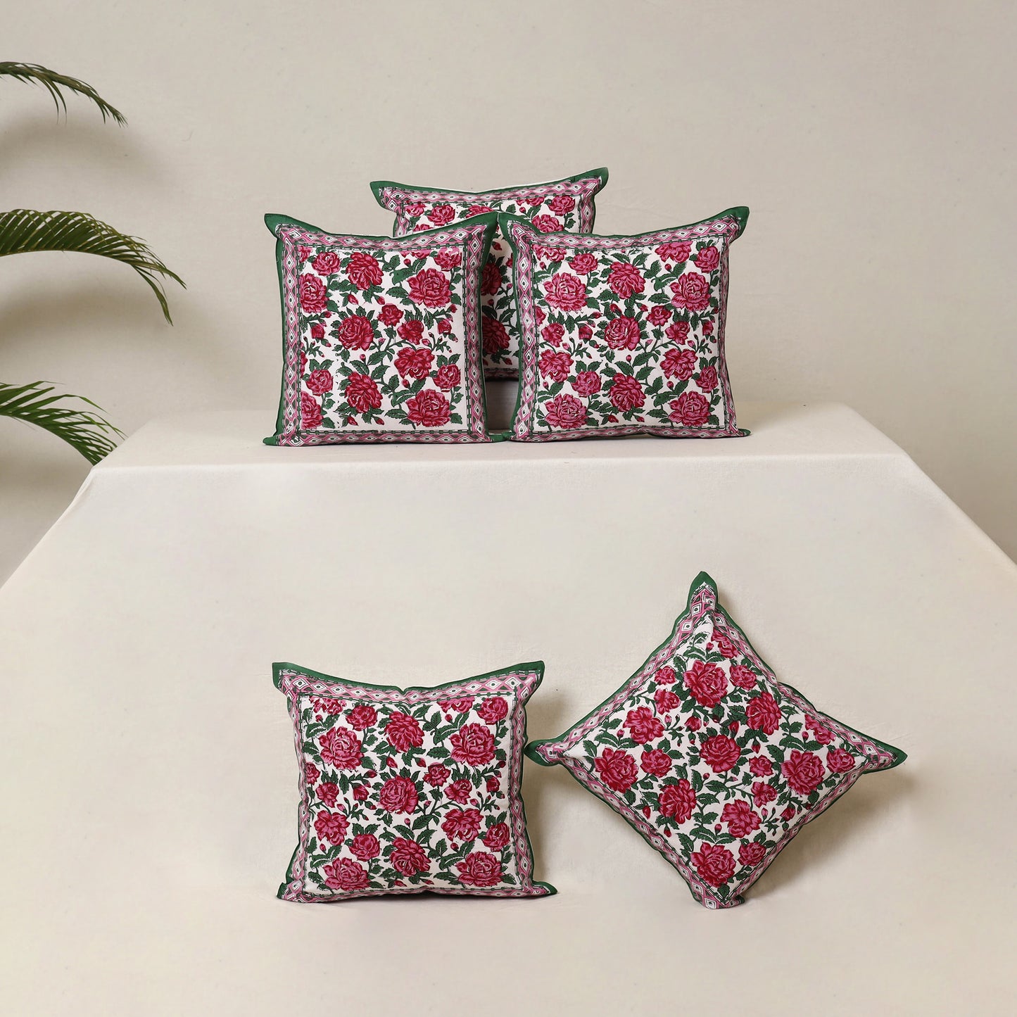 Pink - Block Print Sanganeri Floral Cushion Cover (Set of 5) 04
