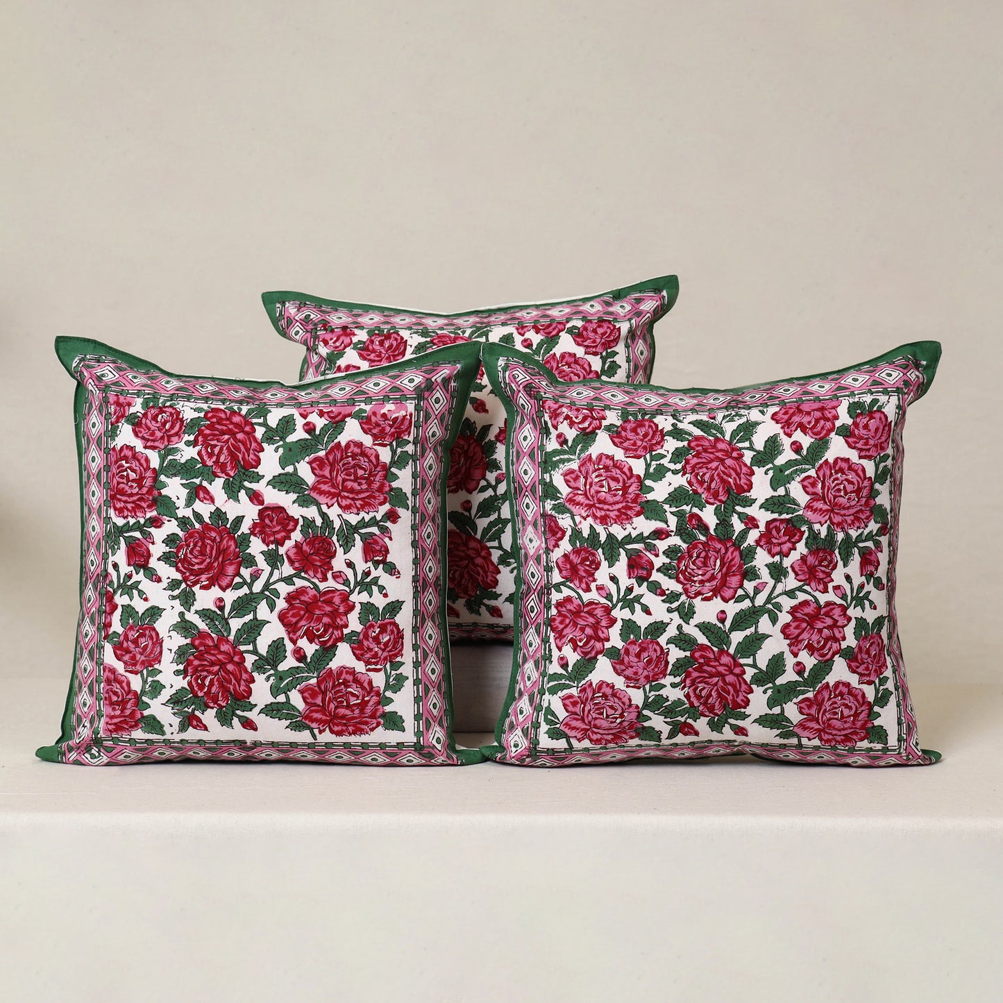 Pink - Block Print Sanganeri Floral Cushion Cover (Set of 5) 04