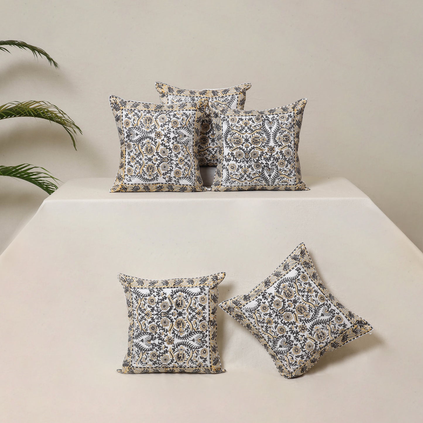 White - Block Print Sanganeri Floral Cushion Cover (Set of 5) 05