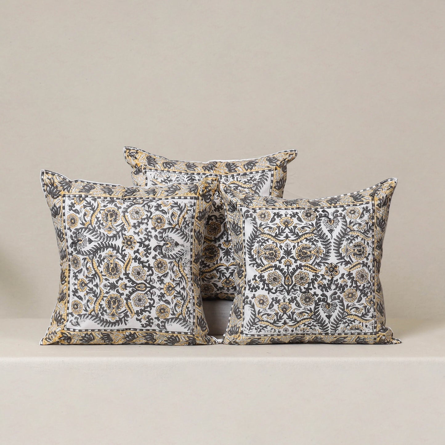 White - Block Print Sanganeri Floral Cushion Cover (Set of 5) 05