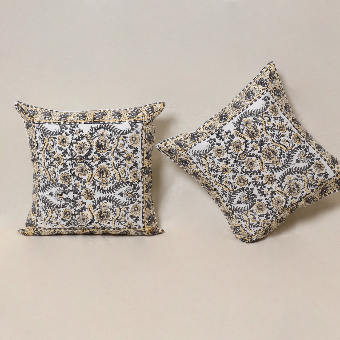 White - Block Print Sanganeri Floral Cushion Cover (Set of 5) 05