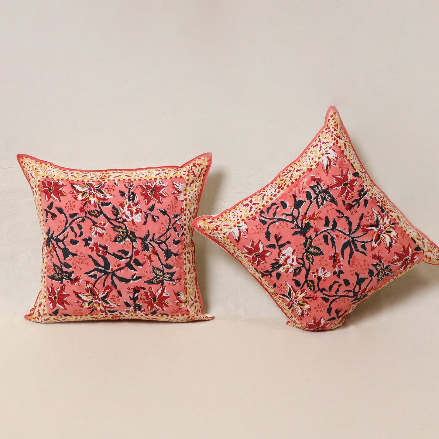 Pink - Block Print Sanganeri Floral Cushion Cover (Set of 5) 06